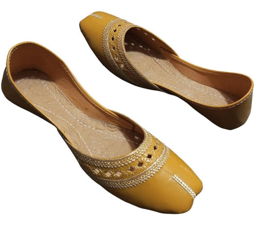 Women's Mustard PU Khussa Slip On Flat Shoes