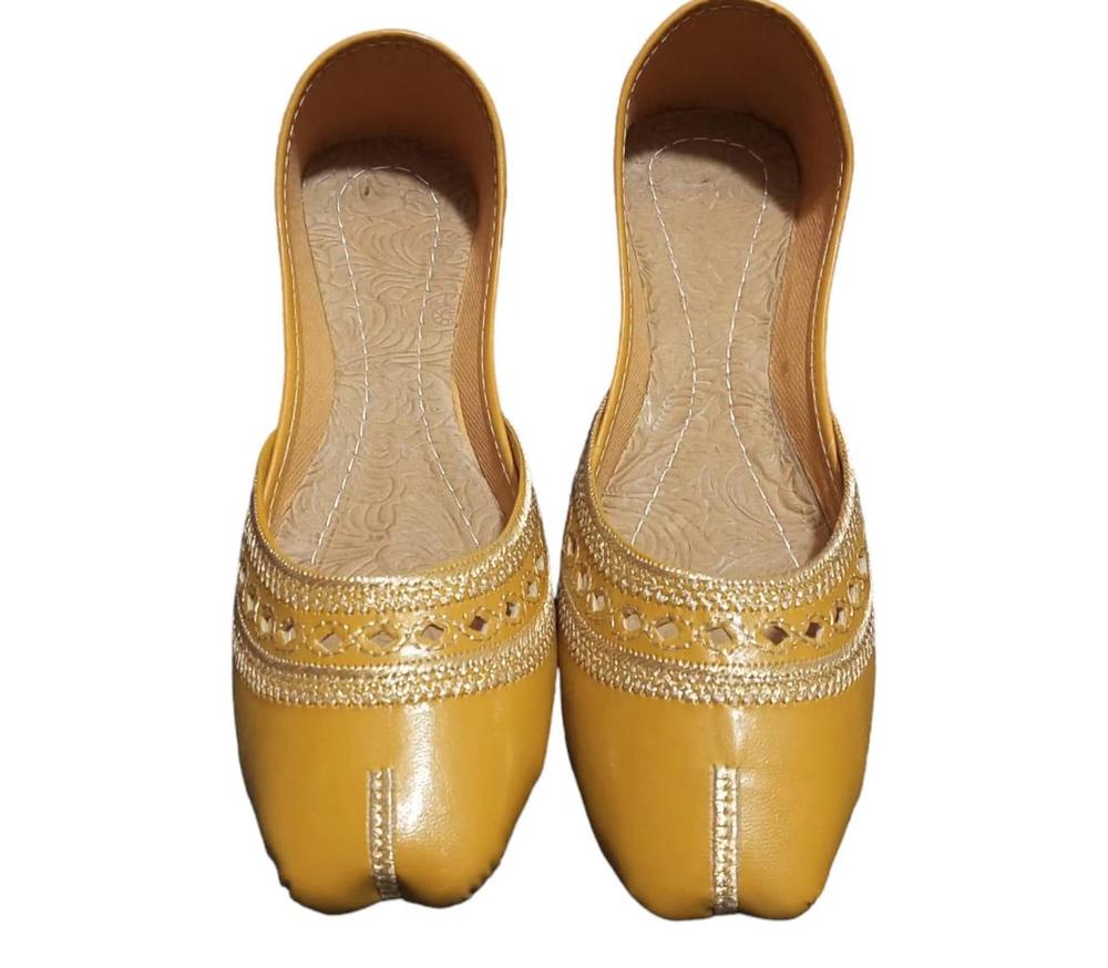 Women's Mustard PU Khussa Slip On Flat Shoes