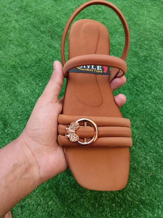 Women's Trendy Brown Leather Flat Sandals with Ring Decor