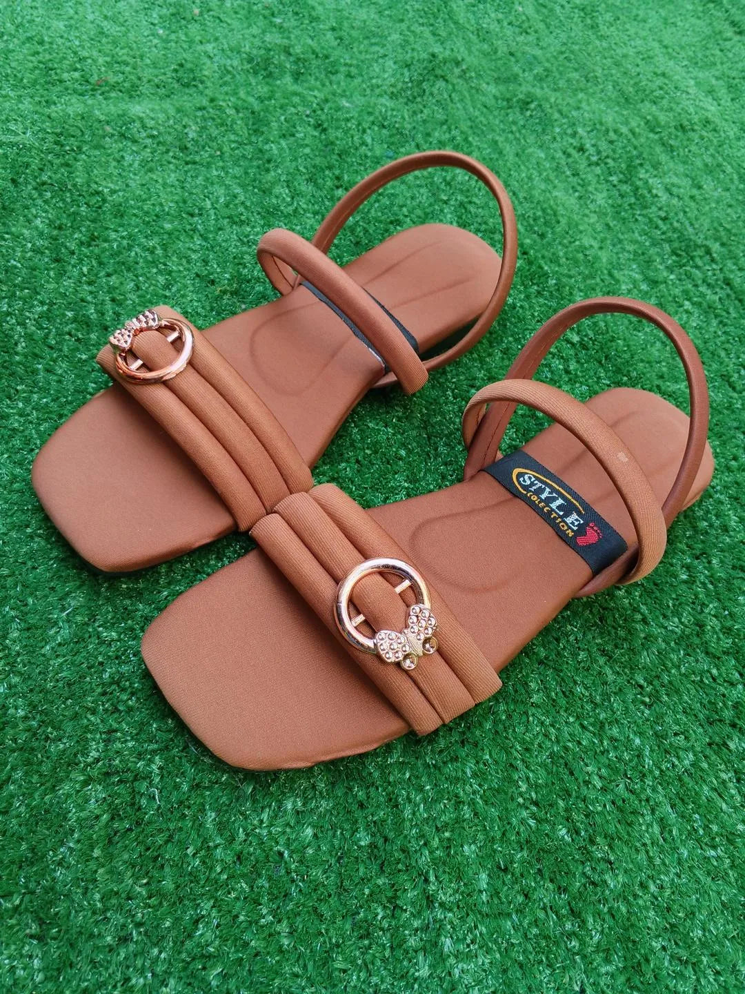 Women's Trendy Brown Leather Flat Sandals with Ring Decor