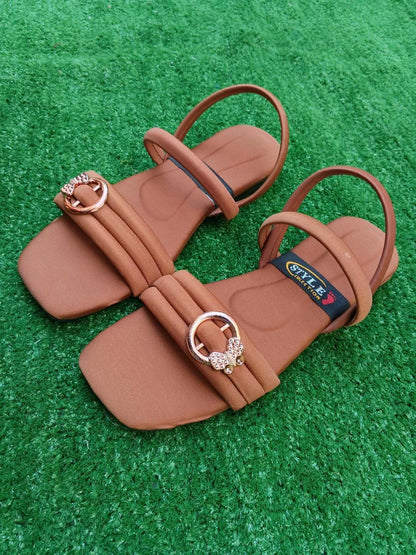Women's Trendy Brown Leather Flat Sandals with Ring Decor