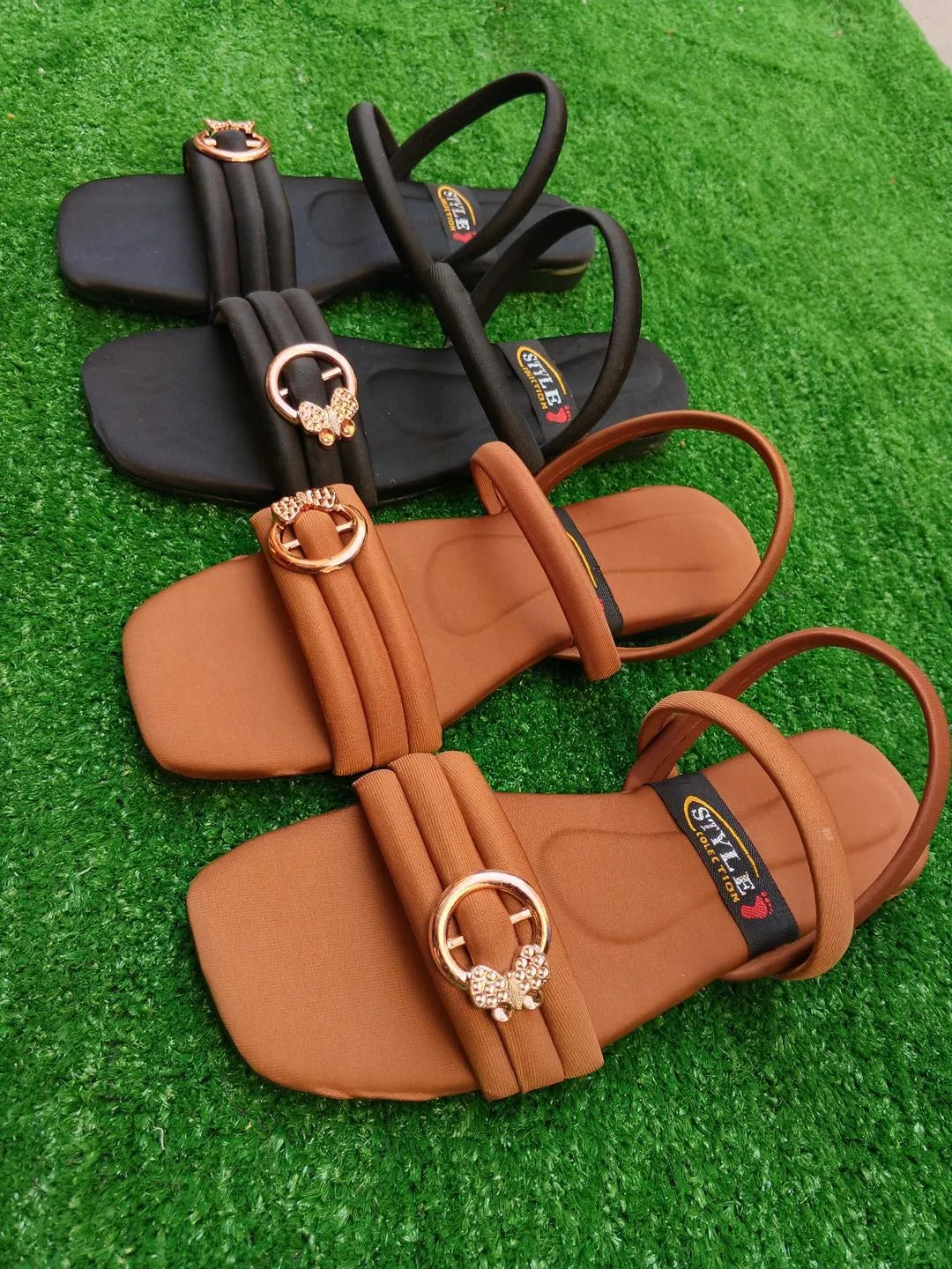 Women's Trendy Brown Leather Flat Sandals with Ring Decor