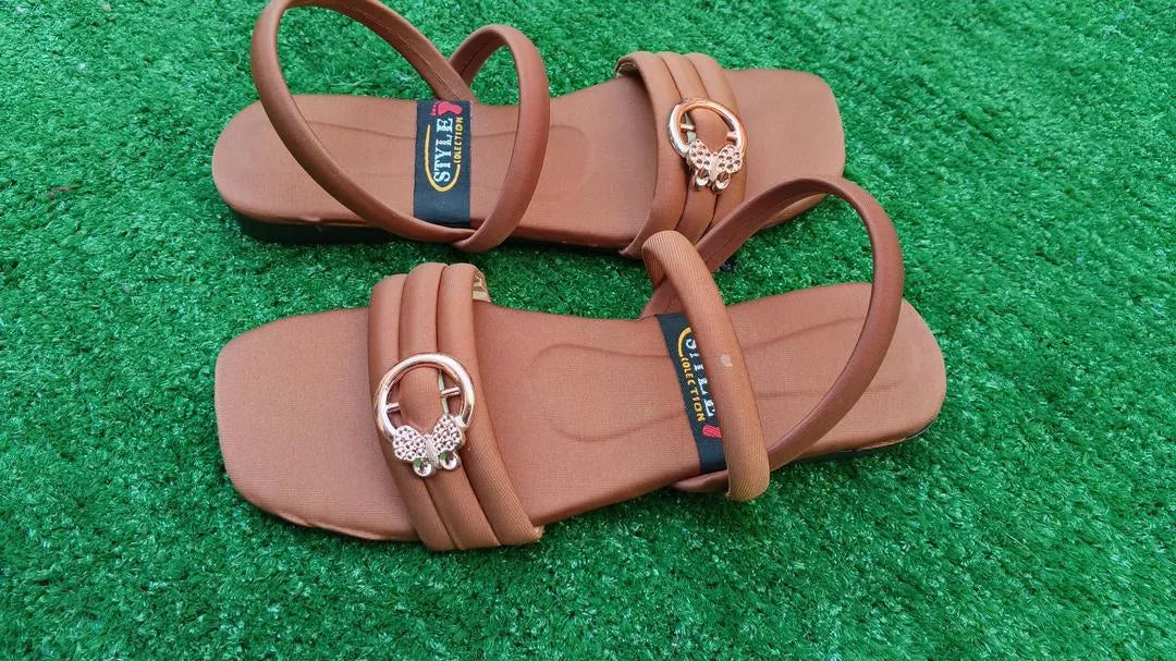 Women's Trendy Brown Leather Flat Sandals with Ring Decor
